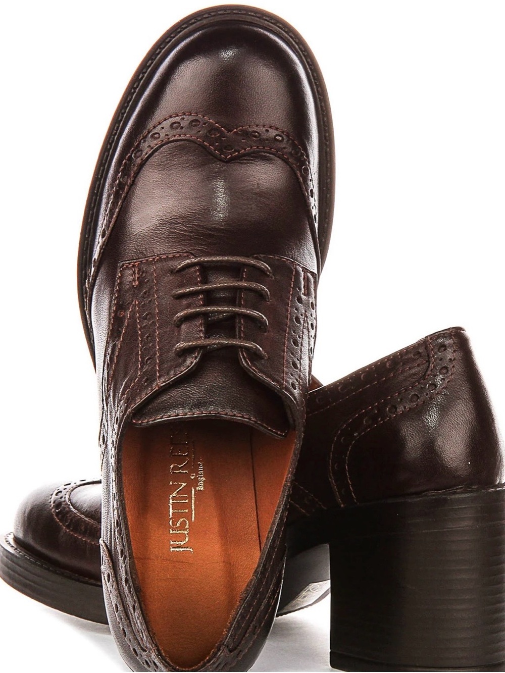 NIB JustineReess England Leather Paulina Heeled Brogues, Dark Brown